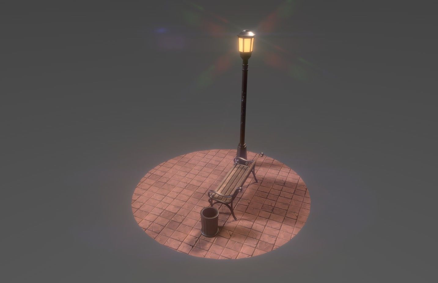 Park bench plus lantern and garbage bin Low-poly 3D model_7