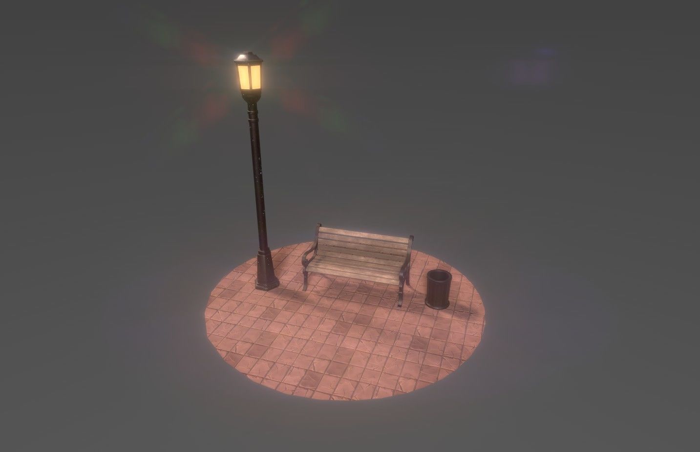 Park bench plus lantern and garbage bin Low-poly 3D model_4