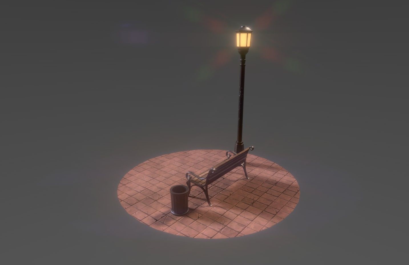 Park bench plus lantern and garbage bin Low-poly 3D model_8