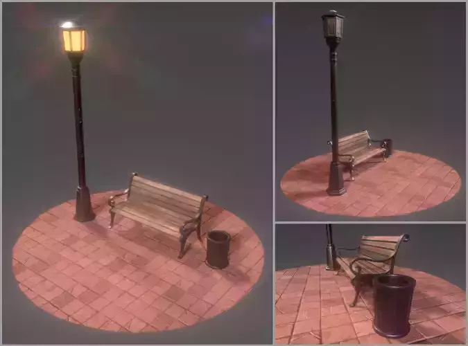 Park bench plus lantern and garbage bin