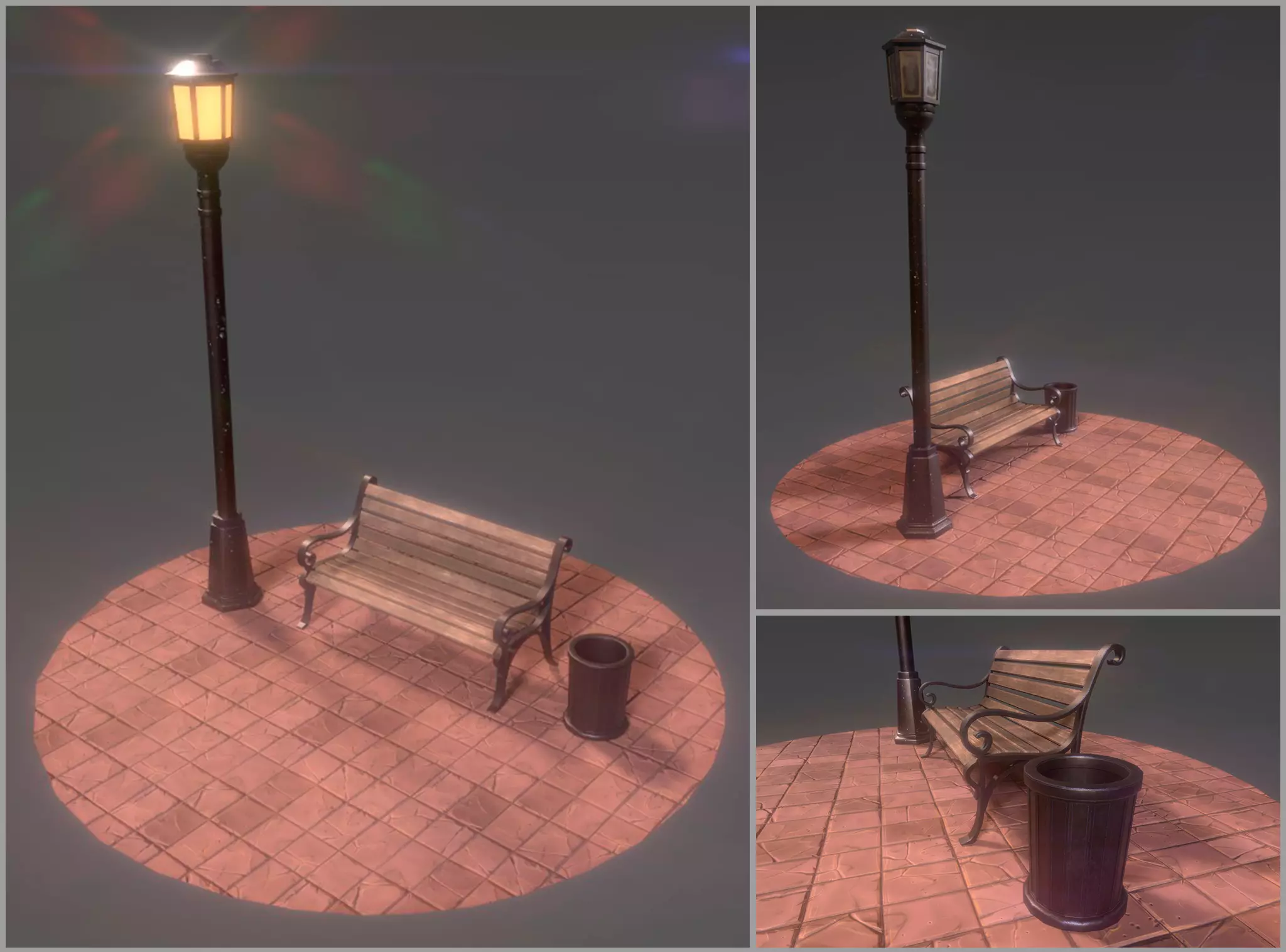 Park bench plus lantern and garbage bin Low-poly 3D model_0