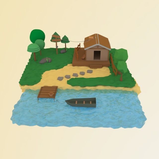 village island with house and boat Free low-poly 3D model_1