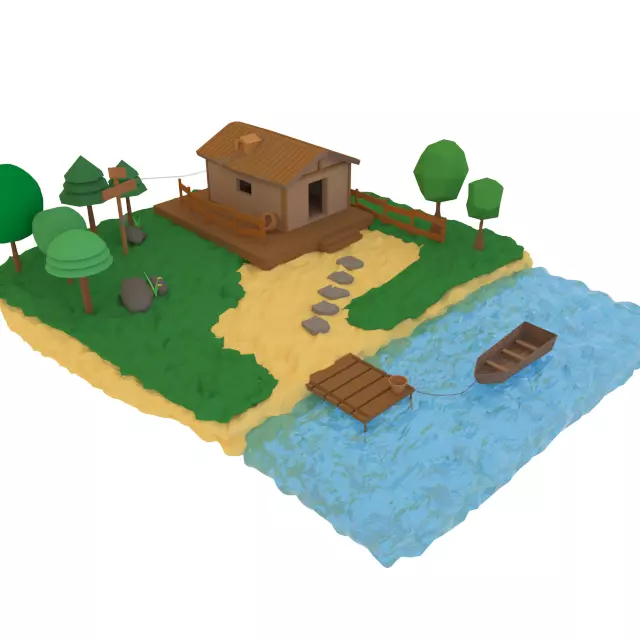 village island with house and boat Free low-poly 3D model_0