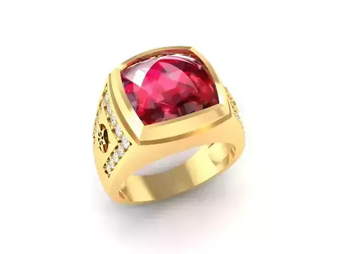 Luxury Red Gemstone Men Ring 3D Model with Side Diamonds 125