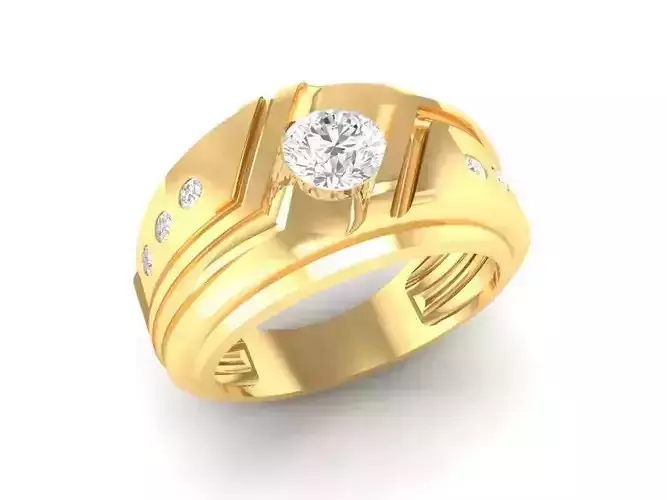 Men Gold Band Ring with Center Stone 3D Model 129