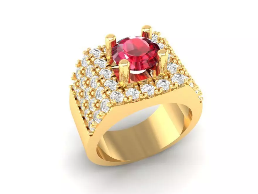 Square Ruby Diamond Gold Men Ring 135 3D print model