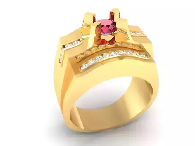 Bold Ruby Emerald Cut Men Ring with Side Diamonds 3D Model 138