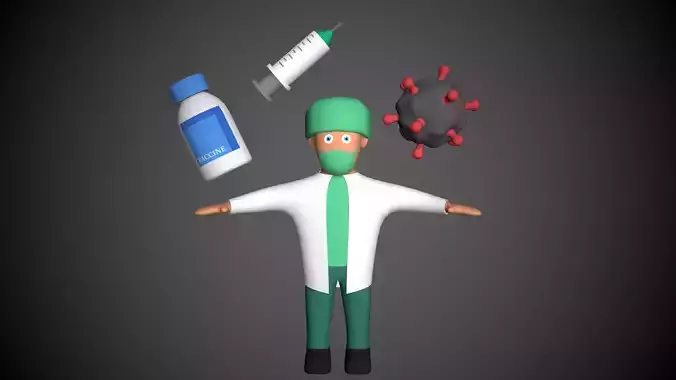 Cartoony Doctor Set Covid Vaccine Needle