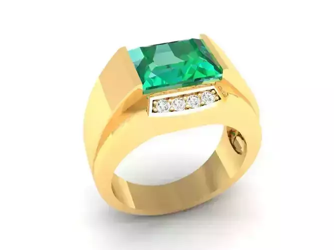 Square Emerald Cut Gemstone Men Ring with Side Diamonds 3D M 142