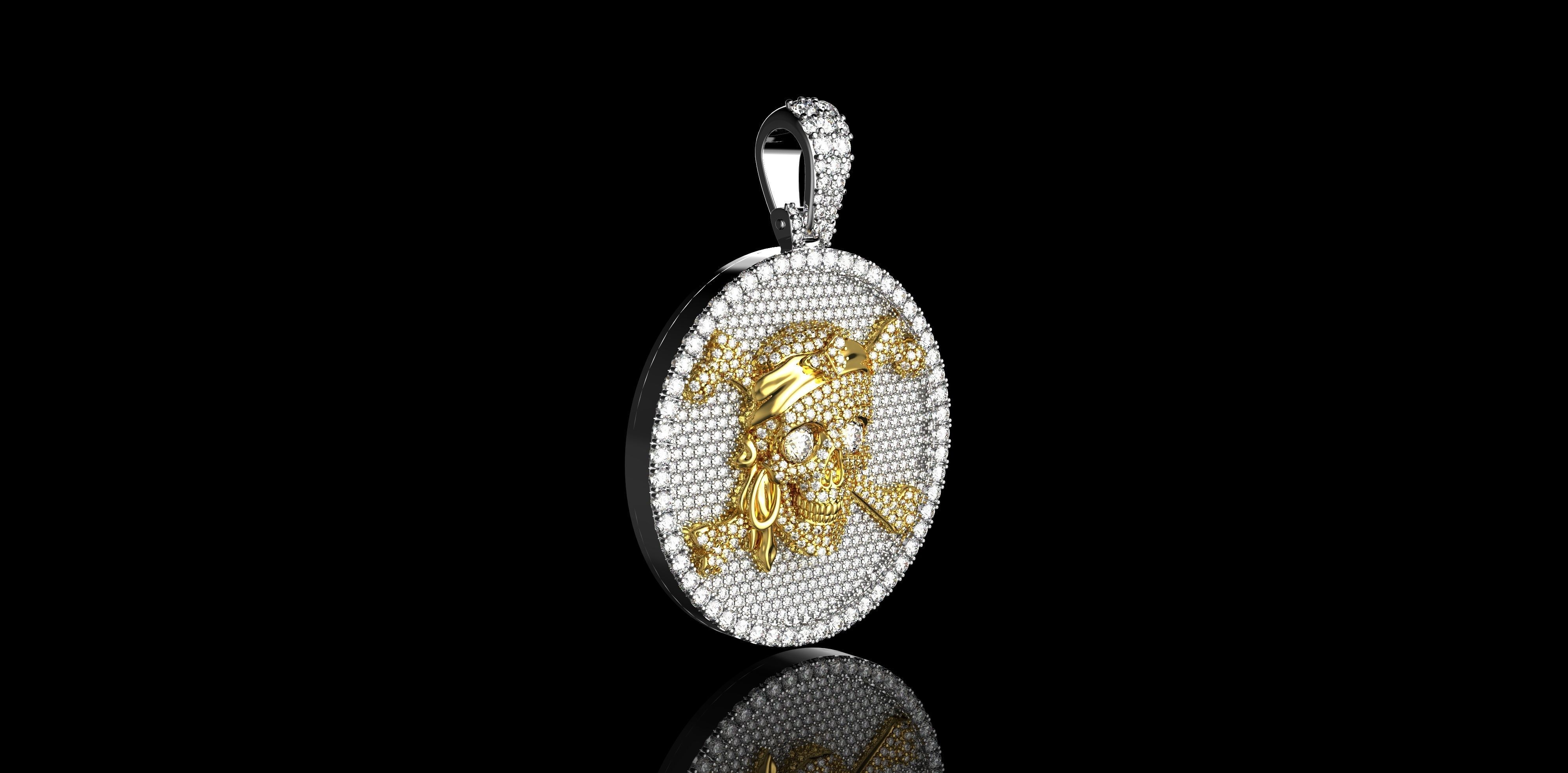 White Gold Diamond Pirate SKULL PENDANT 3D print model_3