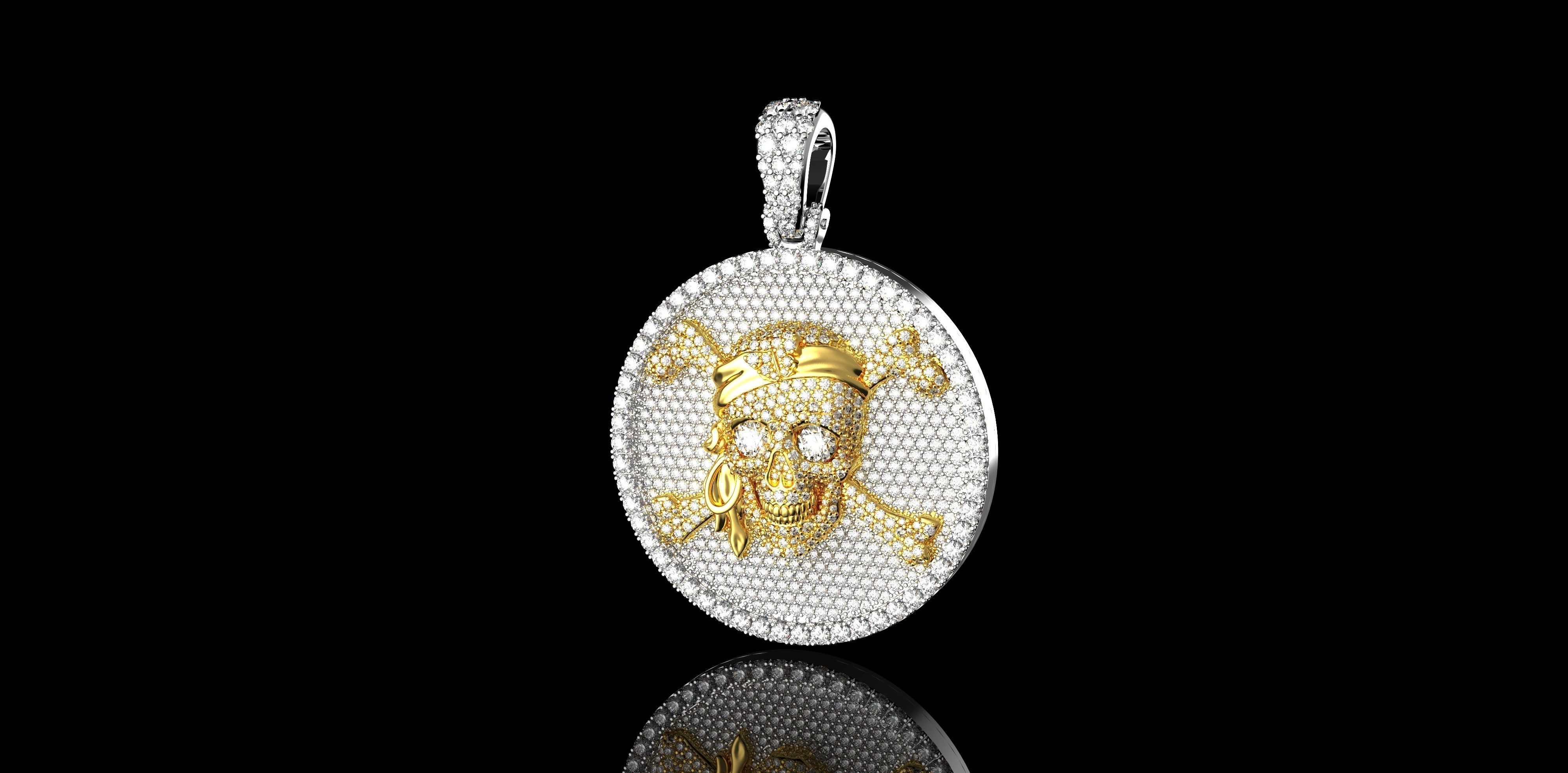 White Gold Diamond Pirate SKULL PENDANT 3D print model_1