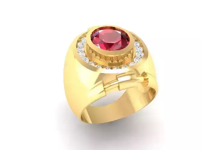 Gold Men Signet Ring with Round Gemstone and Halo 169