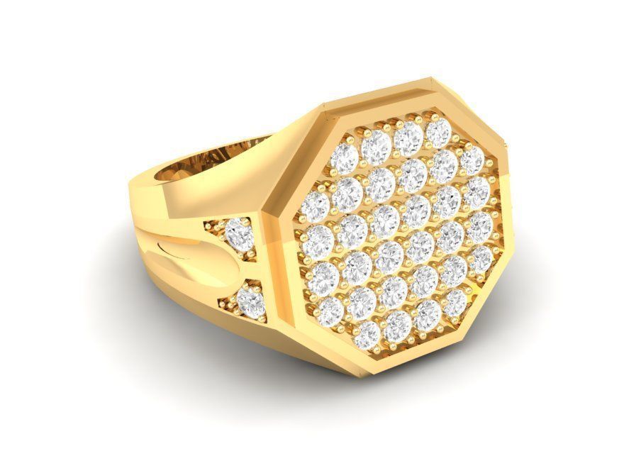 Gold Octagon Men Ring with Pave Diamond Setting 170 3D print model_3