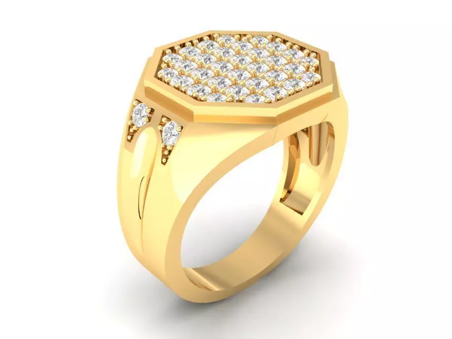 Gold Octagon Men Ring with Pave Diamond Setting 170 3D print model_0
