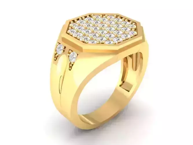 Gold Octagon Men Ring with Pave Diamond Setting 170