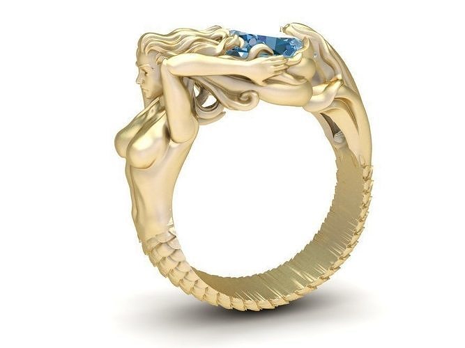Luxury Mermaid Sculpted Ring with Blue Gemstone Design 191 3D print model