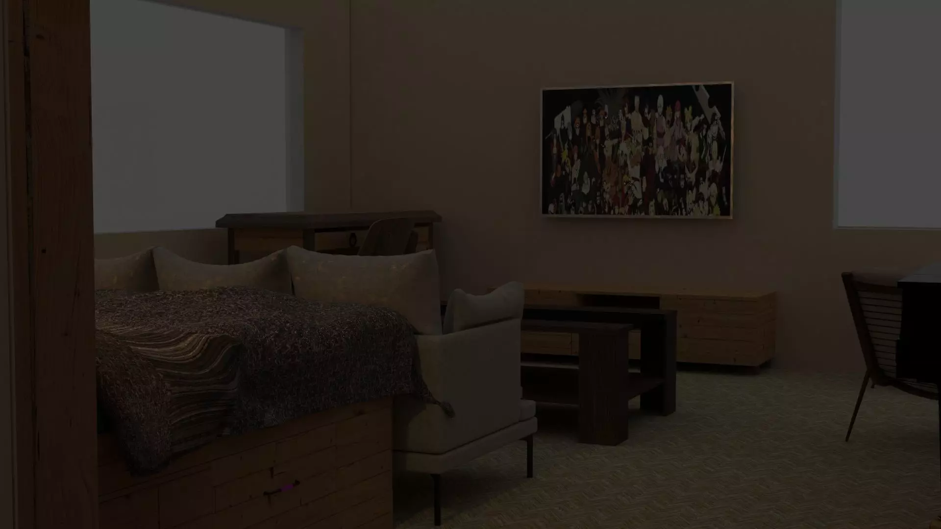 Bedroom living room with piano Free low-poly 3D model