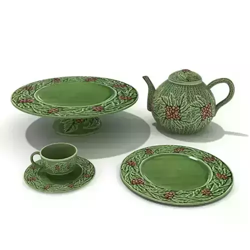 Green Service Teapot Cup Plates