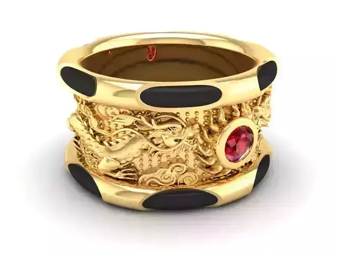 Luxury Dragon Pattern Gemstone Men Gold Ring 199