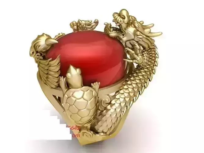 dragon turtle phoneix unicorn with oval ruby ring 205