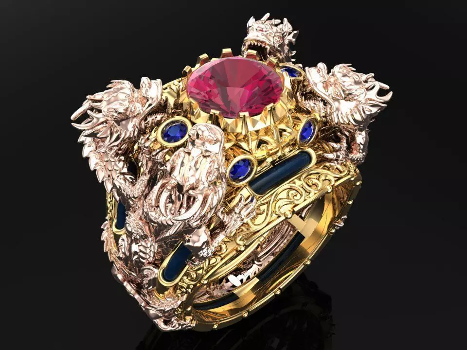 Four Dragon Ring - Dragon Ring - Mens Ring - N323 3D print model_0