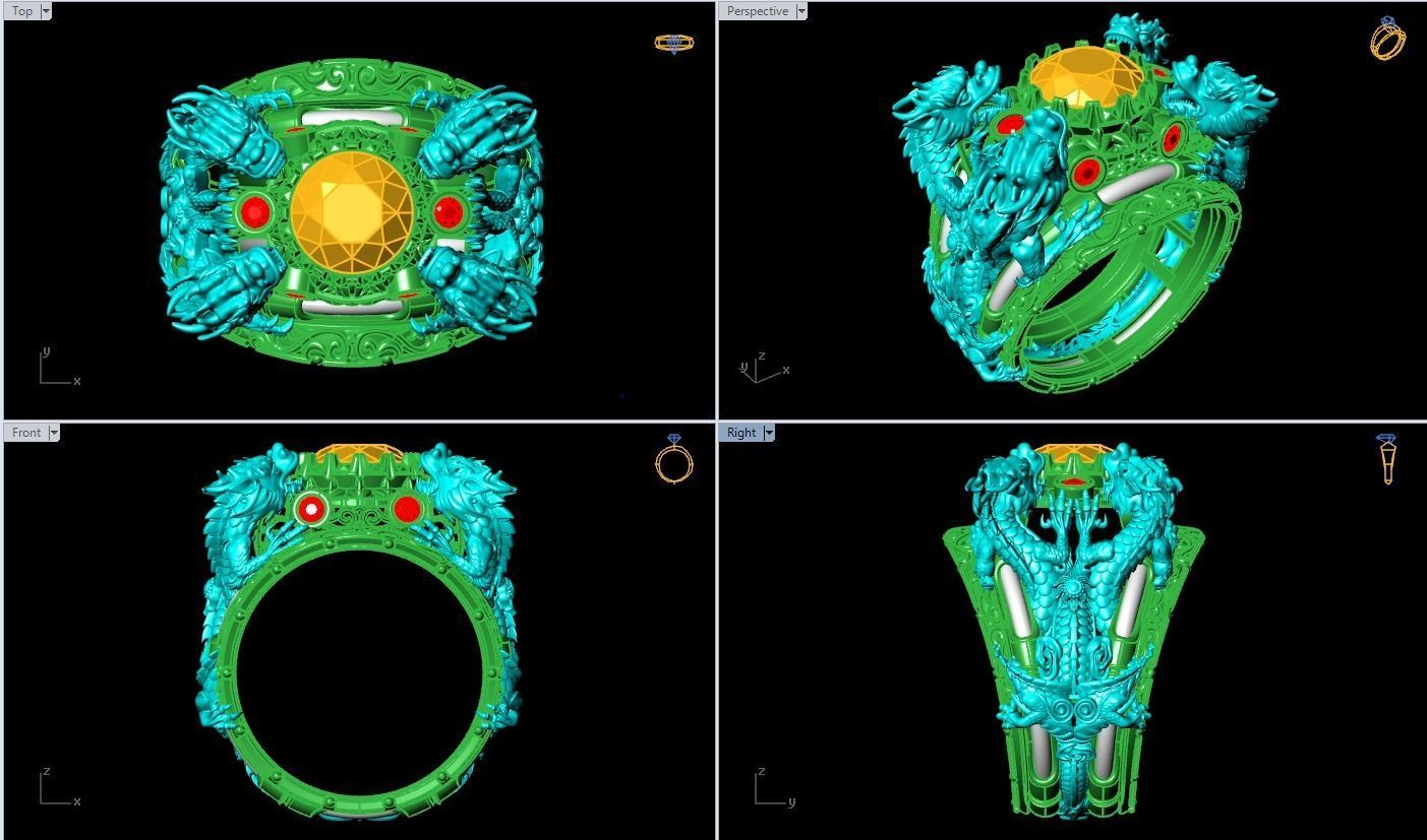 Four Dragon Ring - Dragon Ring - Mens Ring - N323 3D print model_1