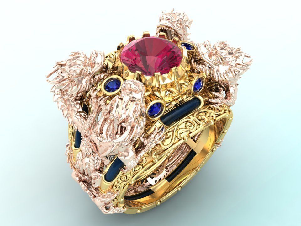 Four Dragon Ring - Dragon Ring - Mens Ring - N323 3D print model_2