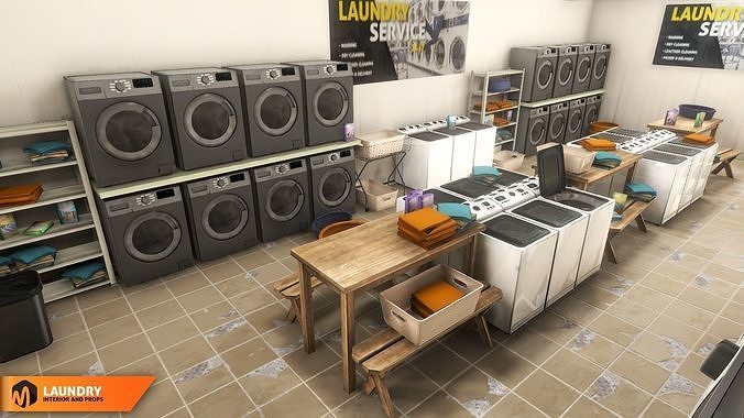 Laundry - interior and props Low-poly 3D model