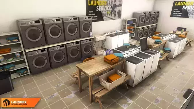 Laundry - interior and props Low-poly 3D model