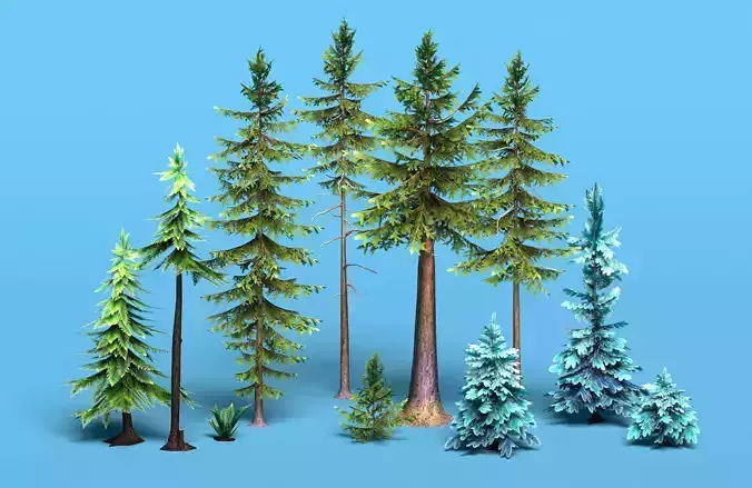 Conifer trees pines low poly Set of 10 items