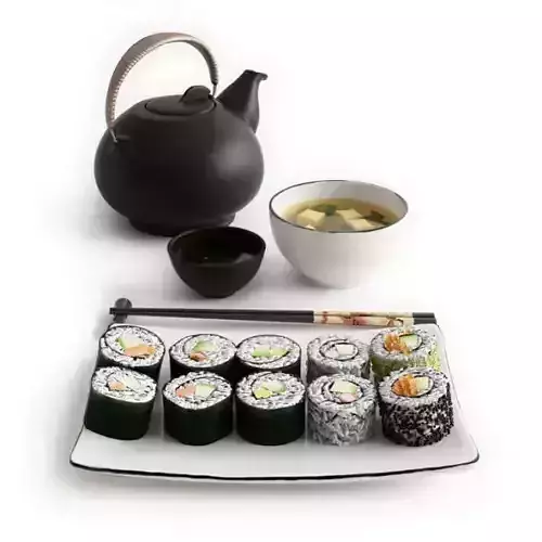 Asian Food Sushi Soup And Tea