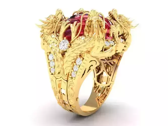 Dragon Ring with Red Gemstone and Diamond Accents 3D Jewelry 217