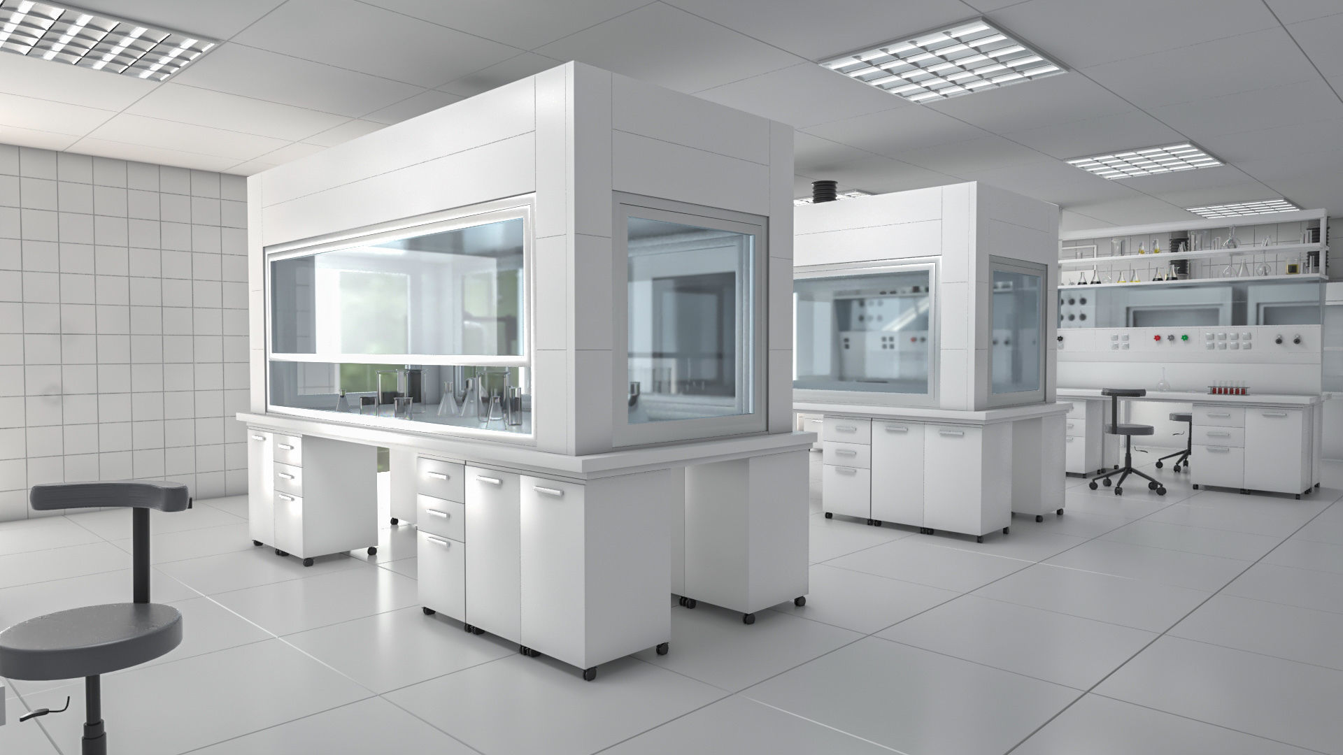 Laboratory with tables and chairs 3D model_1