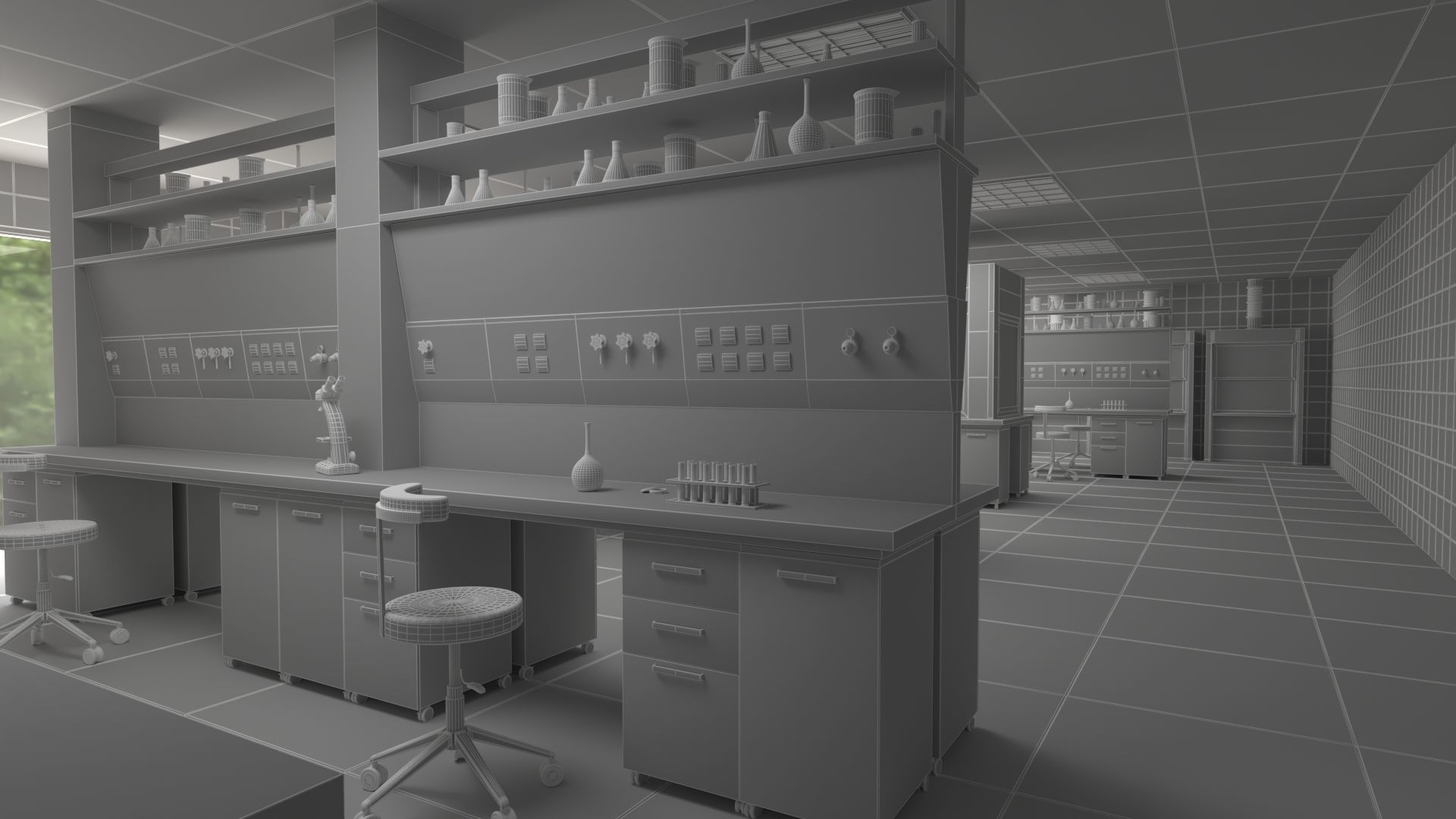 Laboratory with tables and chairs 3D model_9