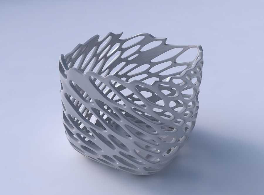 Vase quadratic stumpy with cracked and twisted organic lattice 3D print model_3