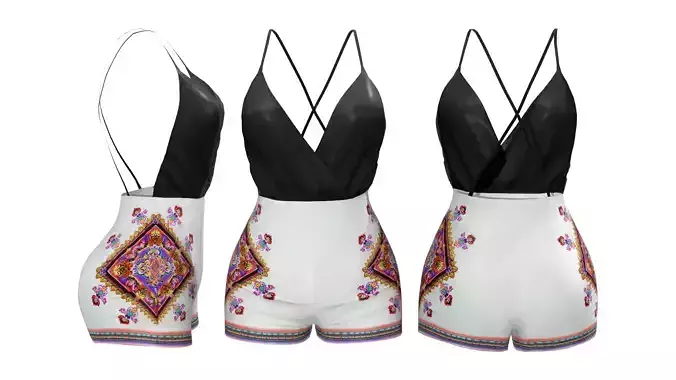 Spaghetti Strap  Printed Black Skinny Rompers Low-poly 3D model