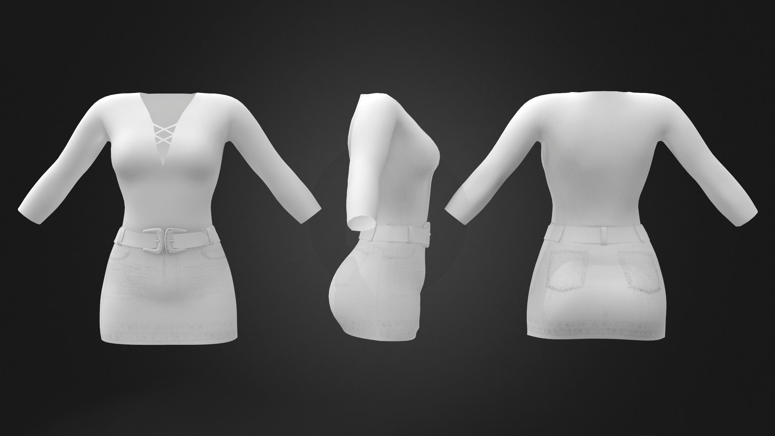 Mini Denim Skirt With Belt Outfit Low-poly 3D model_3