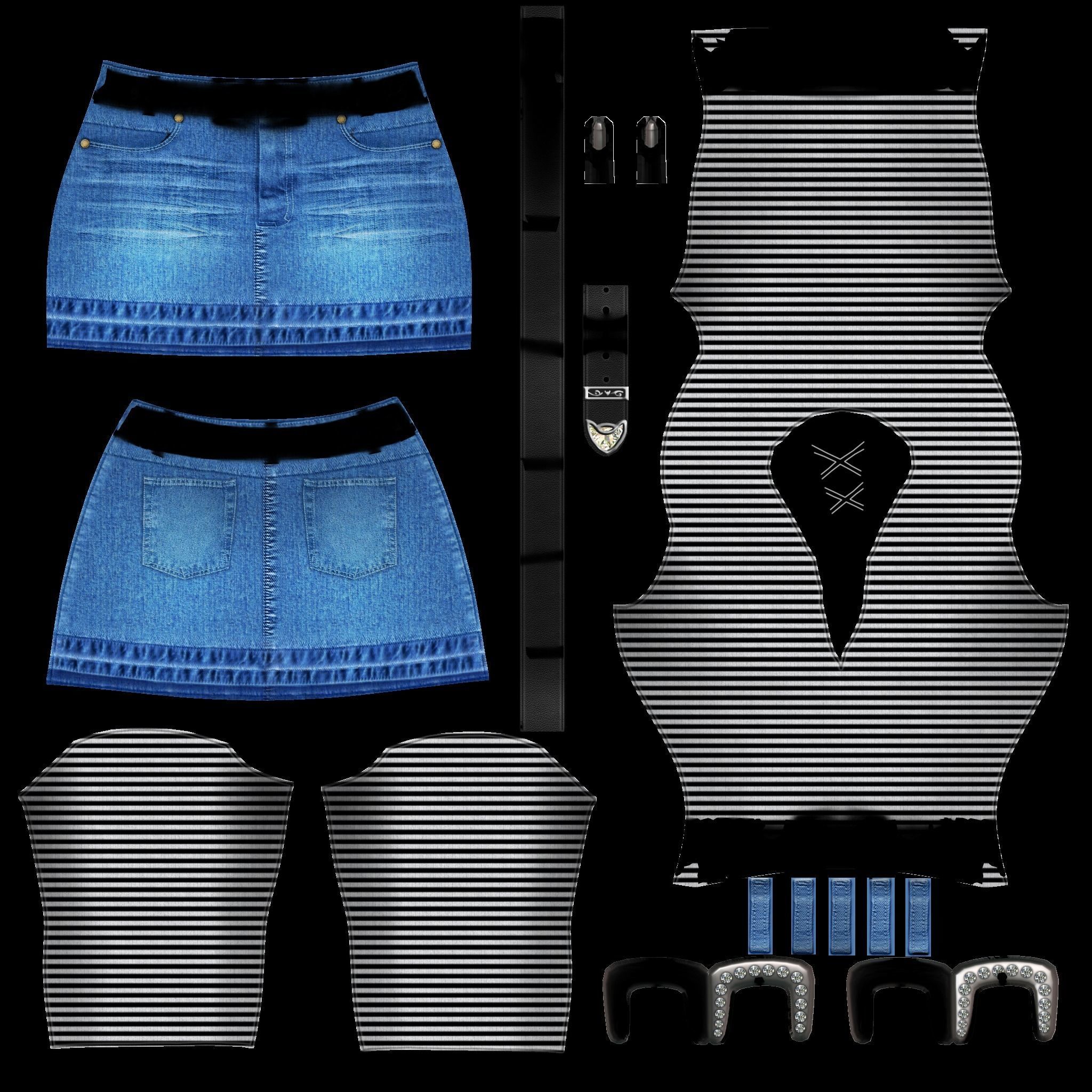 Mini Denim Skirt With Belt Outfit Low-poly 3D model_4