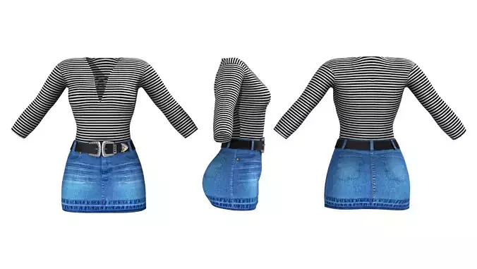 Mini Denim Skirt With Belt Outfit Low-poly 3D model