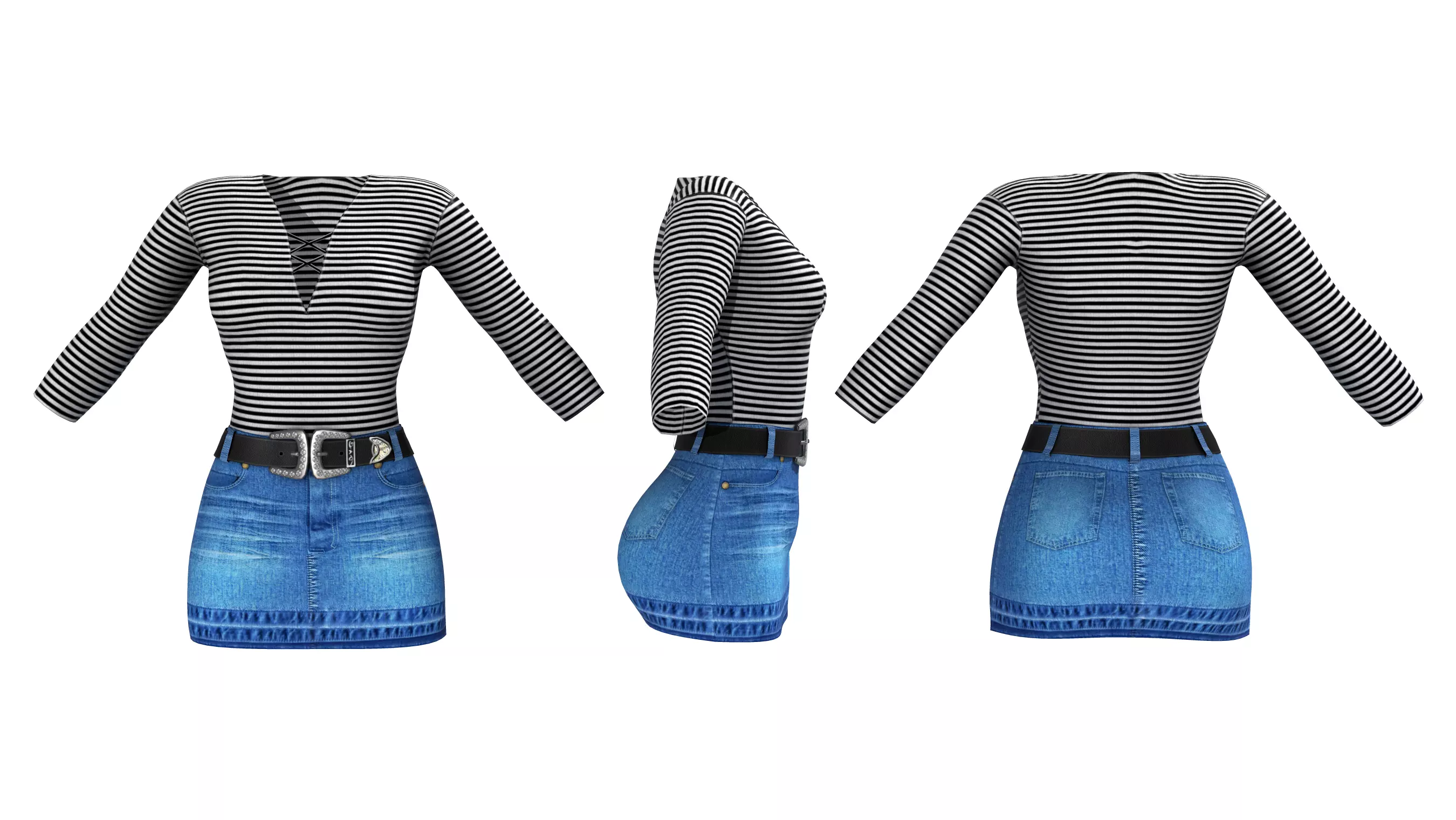 Mini Denim Skirt With Belt Outfit Low-poly 3D model_0