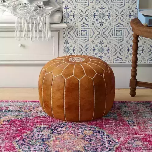 Cherise Genuine Leather Round Pouf Ottoman
