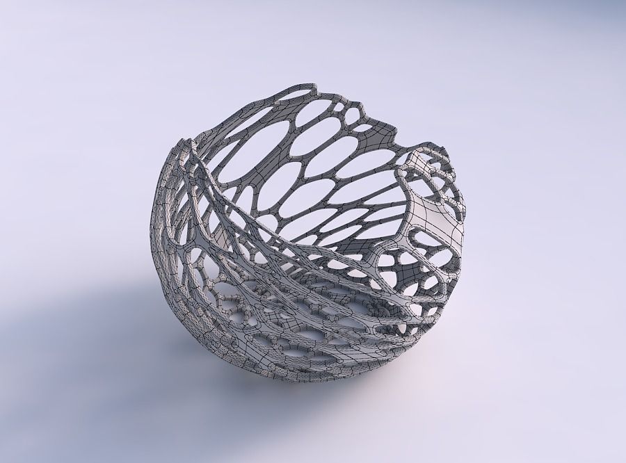 Bowl spheric wavy with cracked and twisted organic lattice 3D print model_5