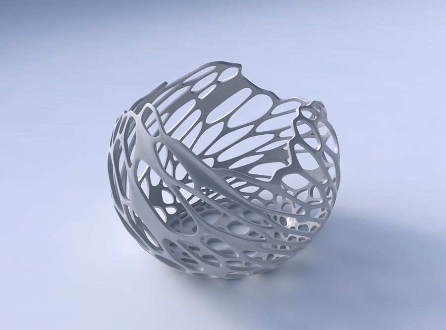 Bowl spheric wavy with cracked and twisted organic lattice 3D print model_3