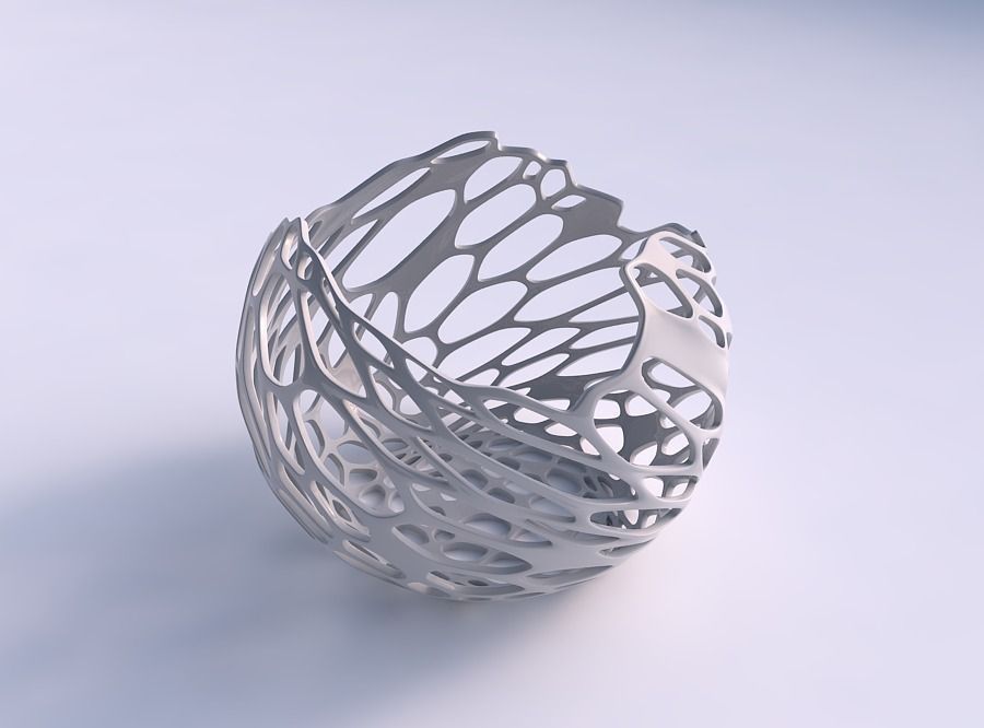 Bowl spheric wavy with cracked and twisted organic lattice 3D print model_0