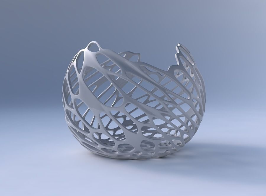 Bowl spheric wavy with cracked and twisted organic lattice 3D print model_4