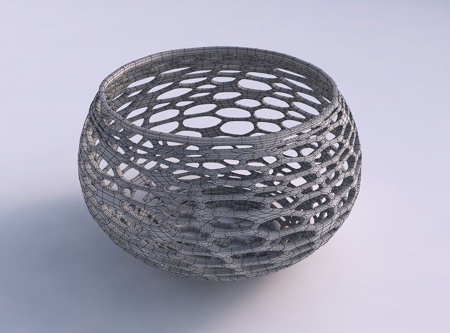 Bowl spheric twisted with squeezed and twisted organic lattice 3D print model_5