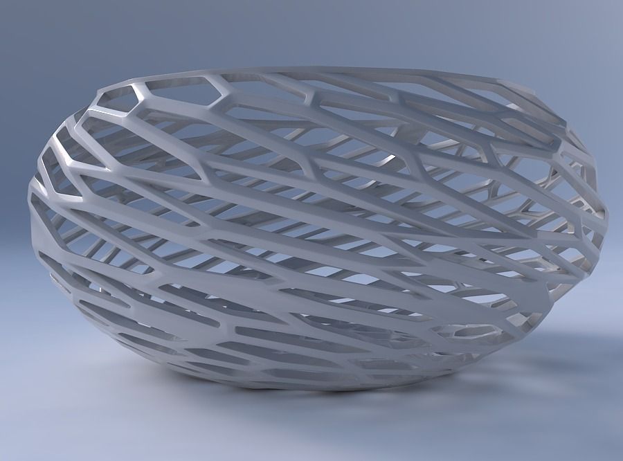 Bowl spheric squeezed wide with twisted organic lattice 3D print model_4