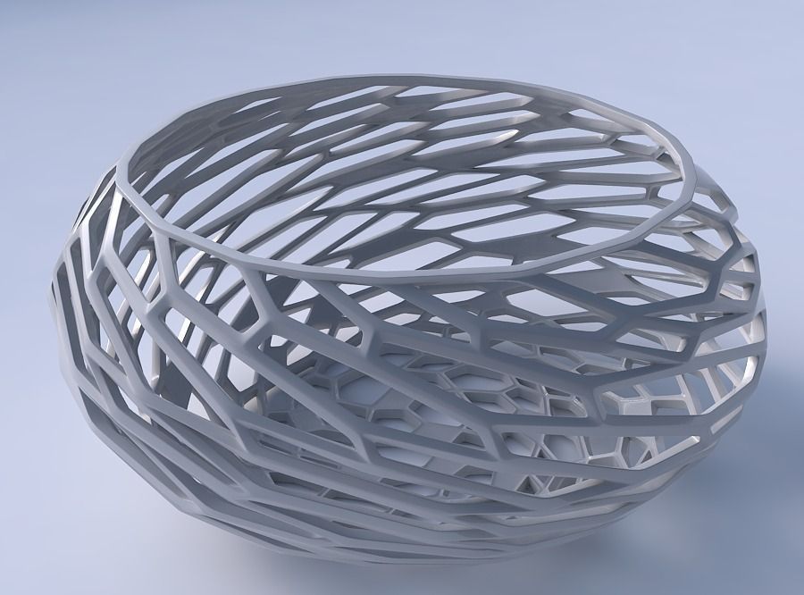 Bowl spheric squeezed wide with twisted organic lattice 3D print model_3