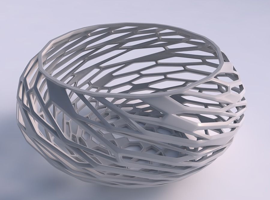 Bowl spheric squeezed wide with twisted organic lattice 3D print model_0