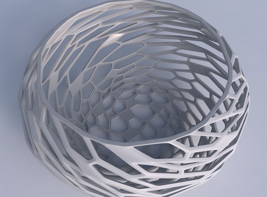 Bowl spheric squeezed wide with twisted organic lattice 3D print model_1